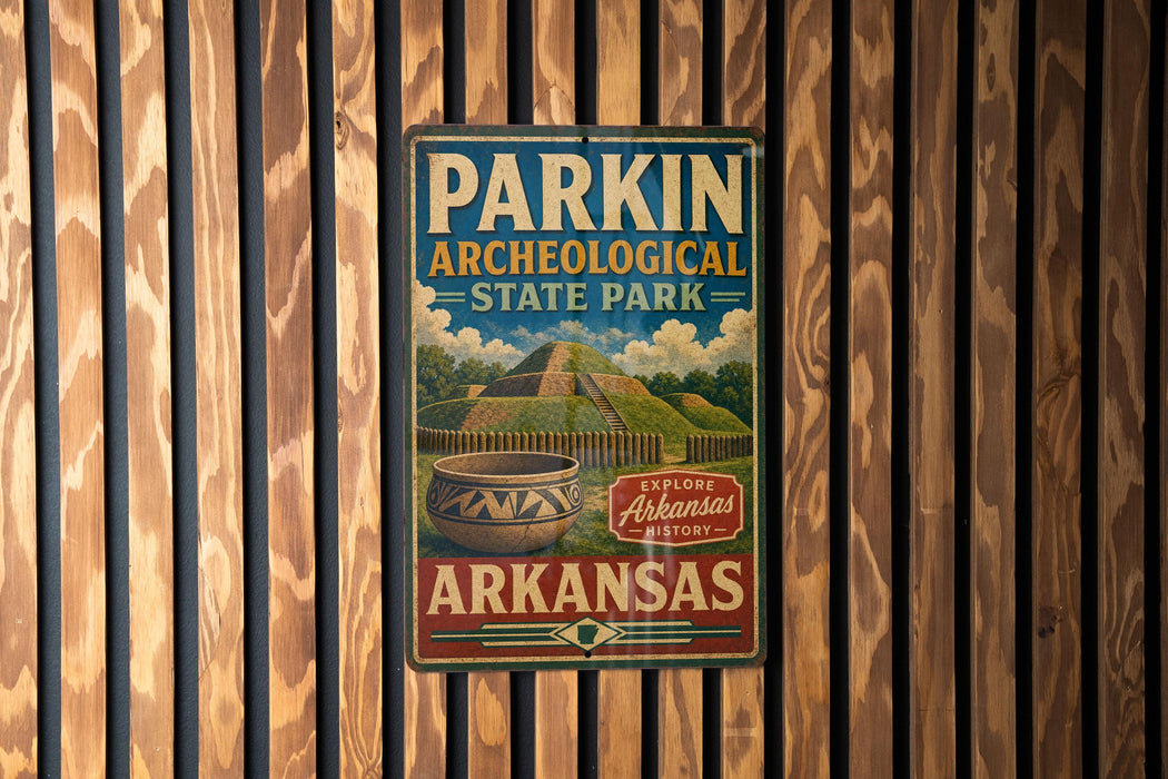 A vintage-style metal sign for Parkin Archeological State Park in Arkansas, featuring a landscape with a hill, a pot, and a sign that says "Explore Arkansas History".