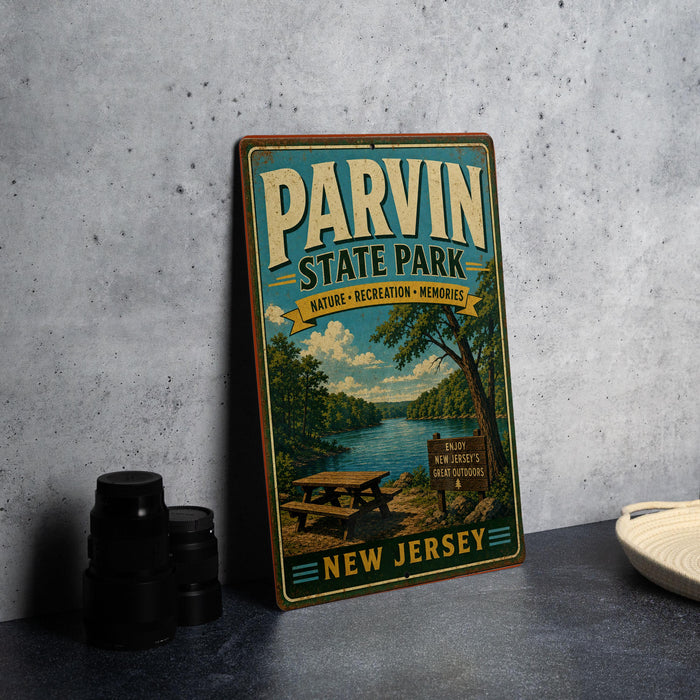 A vintage-style metal sign for Parvin State Park, featuring a scenic image of a picnic area and a river, is displayed on a gray countertop next to a stack of black camera lenses.