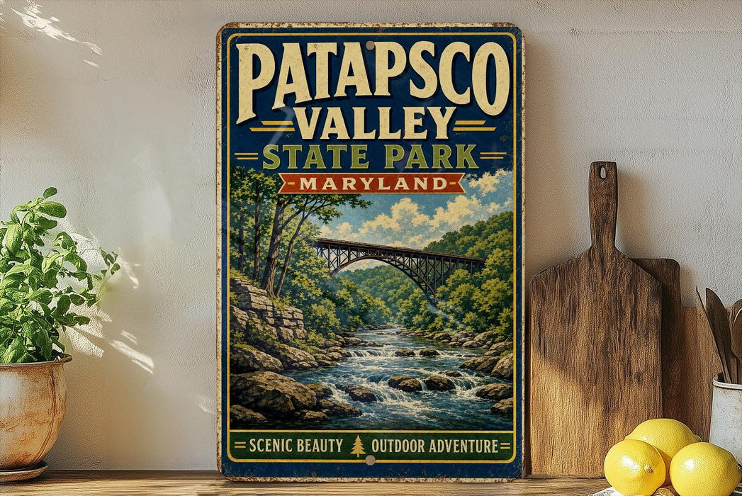 A vintage-style metal sign for Patapsco Valley State Park, Maryland, featuring a scenic landscape with a bridge over a river.