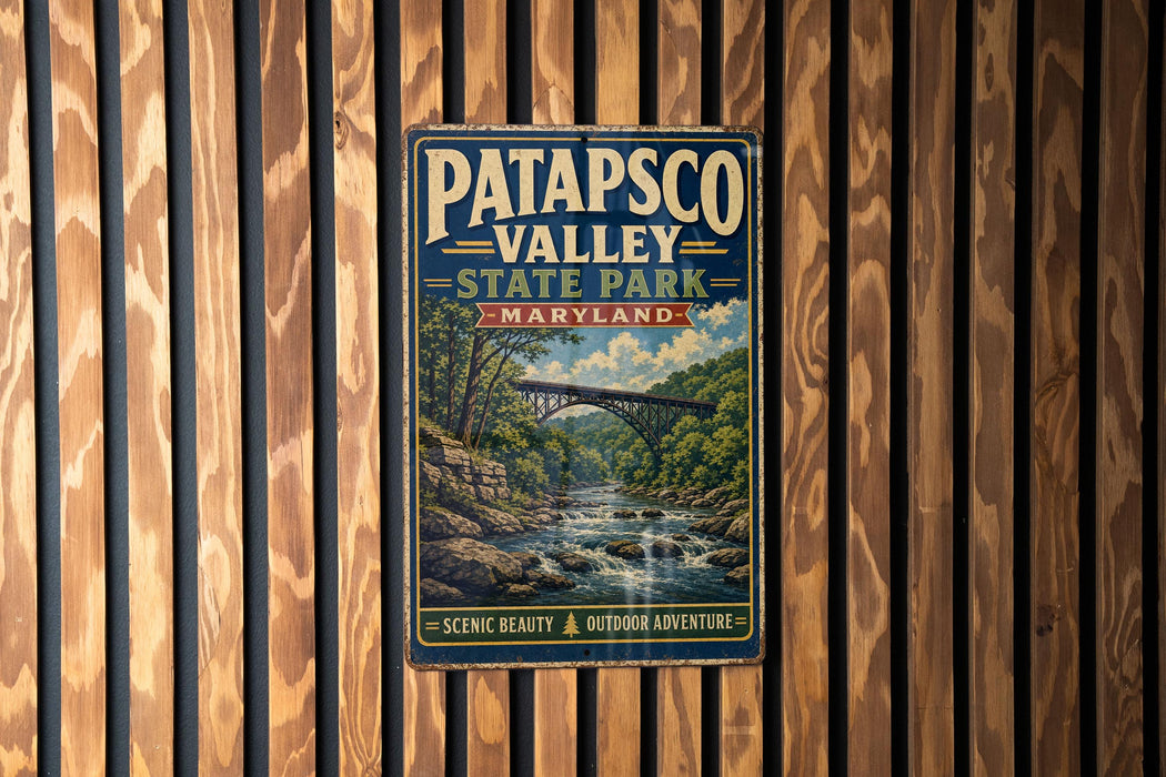 A vintage metal sign for Patapsco Valley State Park in Maryland, featuring a scenic landscape with a bridge and flowing water.
