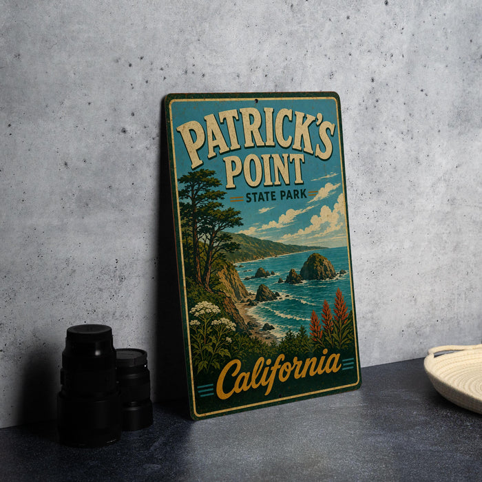 A vintage-style metal sign for Patrick's Point State Park in California, featuring a scenic landscape with mountains, trees, and the ocean.