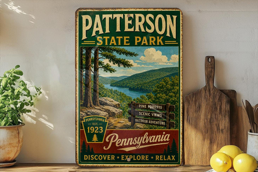 A vintage-style metal sign for Pennsylvania State Park, featuring a scenic mountain landscape with pine trees and a river.