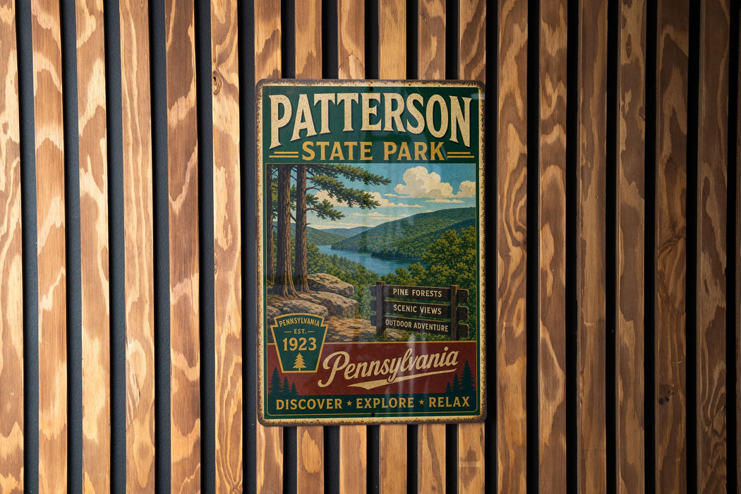 A vintage metal sign for Patterson State Park, featuring a scenic landscape with pine forests, mountains, and a river.
