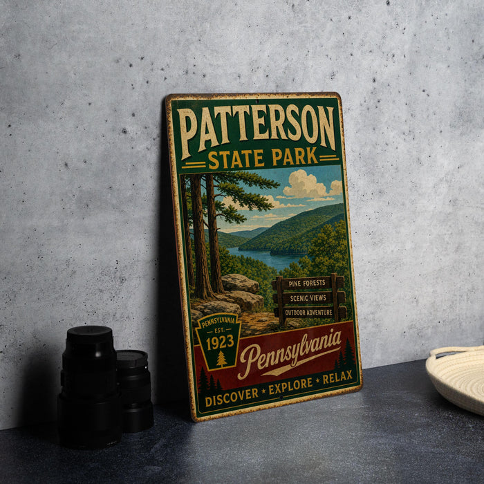 A vintage-style metal sign for Patterson State Park, featuring a scenic landscape with pine forests, mountains, and a lake.