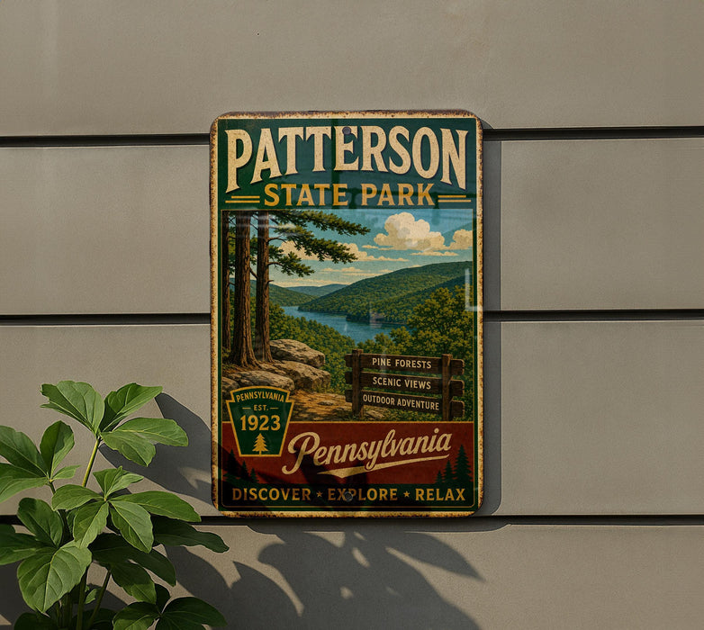 A vintage-style metal sign for Patterson State Park, featuring a scenic landscape with pine forests, mountains, and a lake.