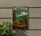 A vintage-style metal sign for Patterson State Park, featuring a scenic landscape with pine forests, mountains, and a lake.