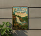 A vintage-style metal sign for Pattison State Park in Wisconsin, featuring a waterfall and forest scenery.
