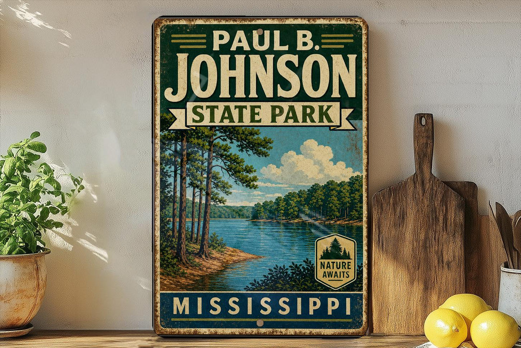 A vintage-style metal sign for Paul B. Johnson State Park in Mississippi, featuring a scenic landscape with a lake and trees.