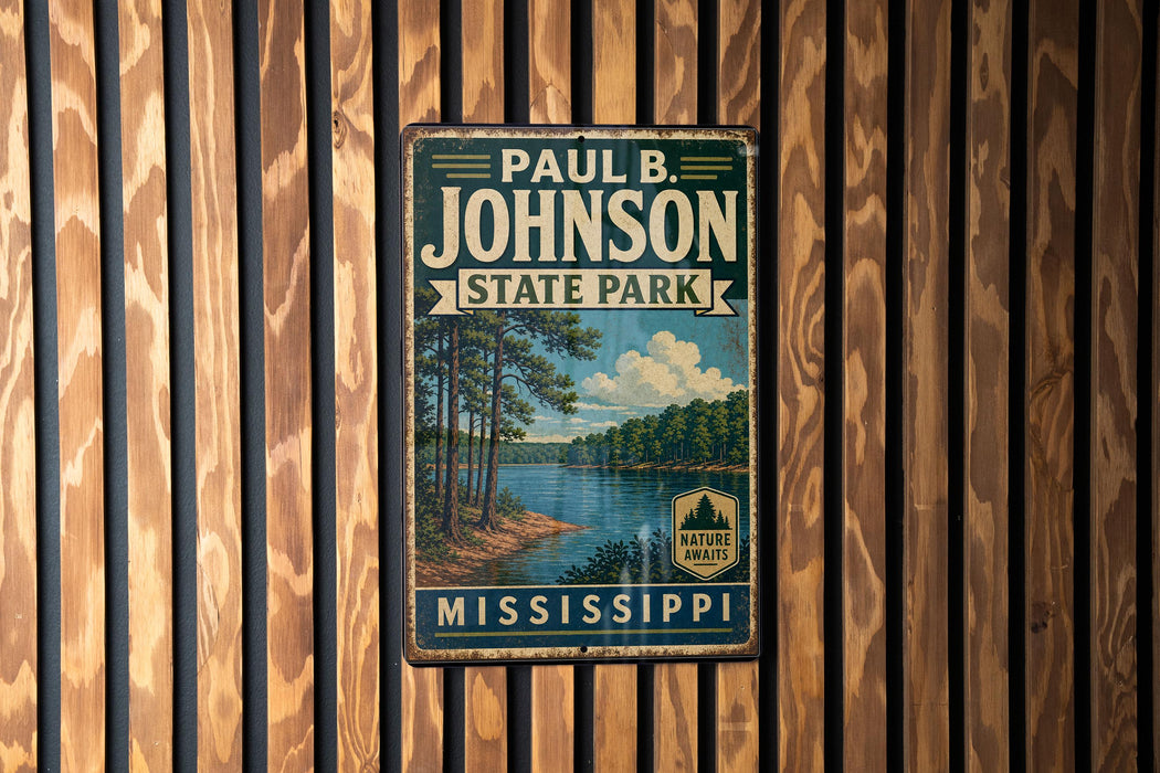 A vintage metal sign for Paul B. Johnson State Park in Mississippi, featuring a scenic landscape with a lake and pine trees.