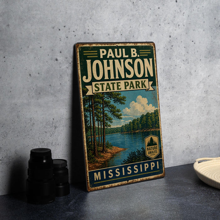 A vintage-style metal sign for Paul B. Johnson State Park in Mississippi, featuring a scenic landscape with pine trees and a lake.