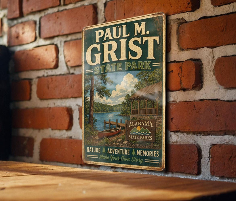 A vintage-style metal sign for Paul M. Grist State Park, featuring a scenic illustration of a lake, cabin, and mountains.