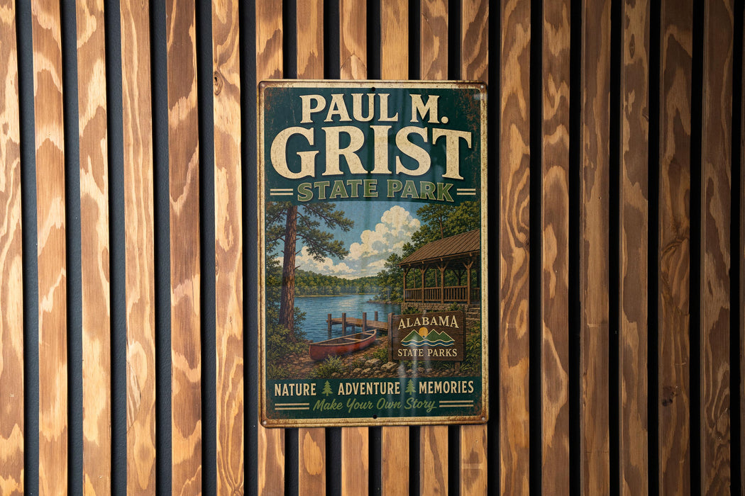 A vintage metal sign for Paul M. Grist State Park, featuring a scenic illustration of a lake, cabin, and trees.