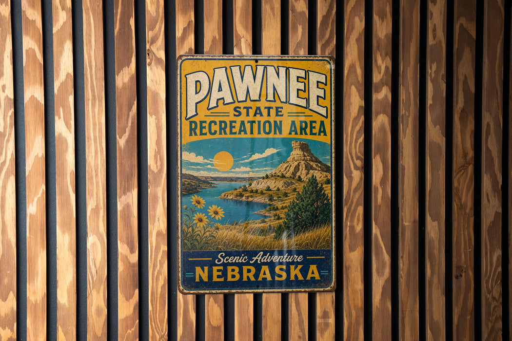 A vintage metal sign for the Pawnee State Recreation Area in Nebraska, featuring a scenic landscape with a mountain, lake, and sunflowers.