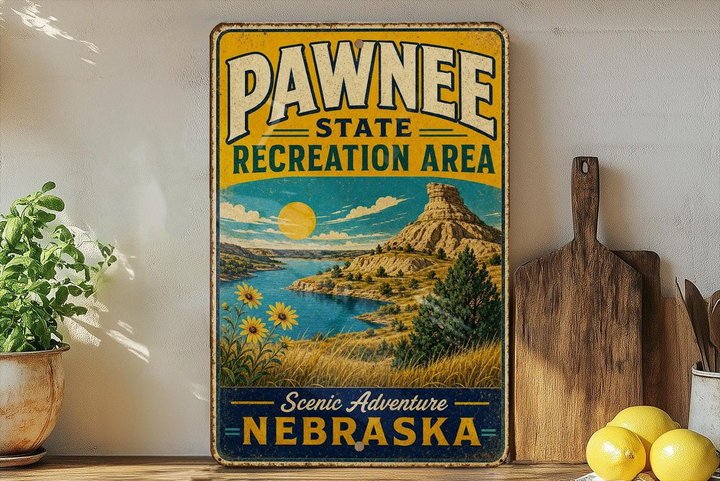 A vintage-style metal sign for the Pawnee State Recreation Area in Nebraska, featuring a scenic landscape with a mountain, lake, and sun.