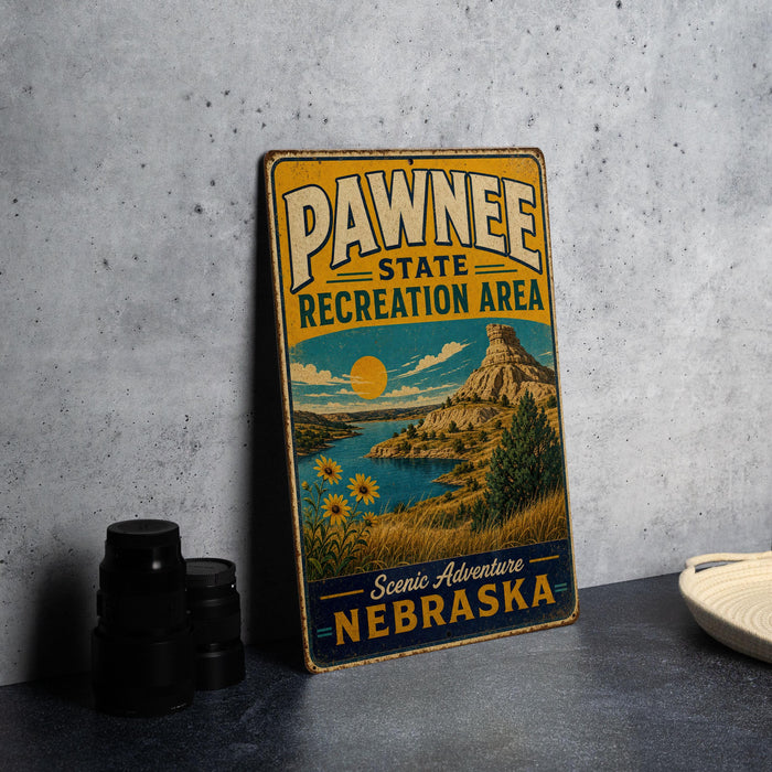 A vintage-style sign for the Pawnee State Recreation Area in Nebraska, featuring a scenic landscape with mountains, a lake, and sunflowers.