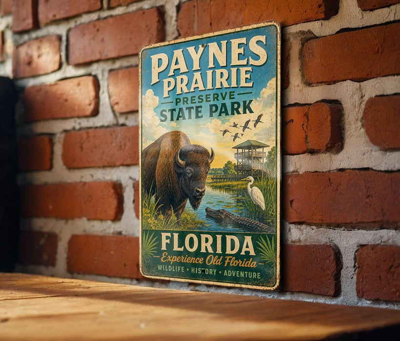 A vintage metal sign for the Paynes Prairie Preserve State Park in Florida, featuring an illustration of a bison and various wildlife in a natural setting.