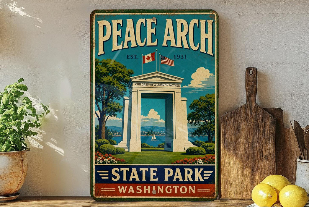 A vintage-style metal sign for Peace Arch State Park in Washington, featuring an illustration of the monument surrounded by trees, flowers, and a body of water.