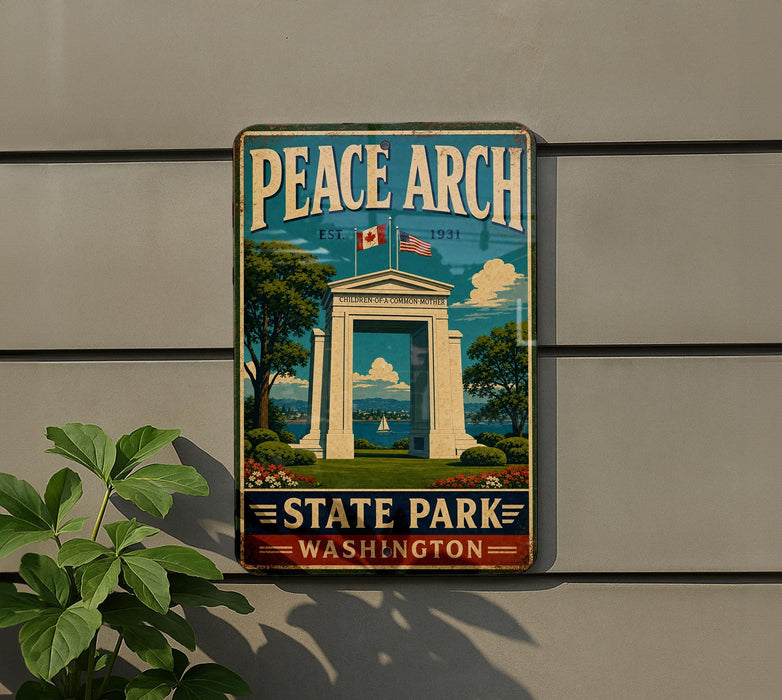 A vintage-style metal sign for Peace Arch State Park in Washington, featuring a white archway with a flag and a scenic landscape.