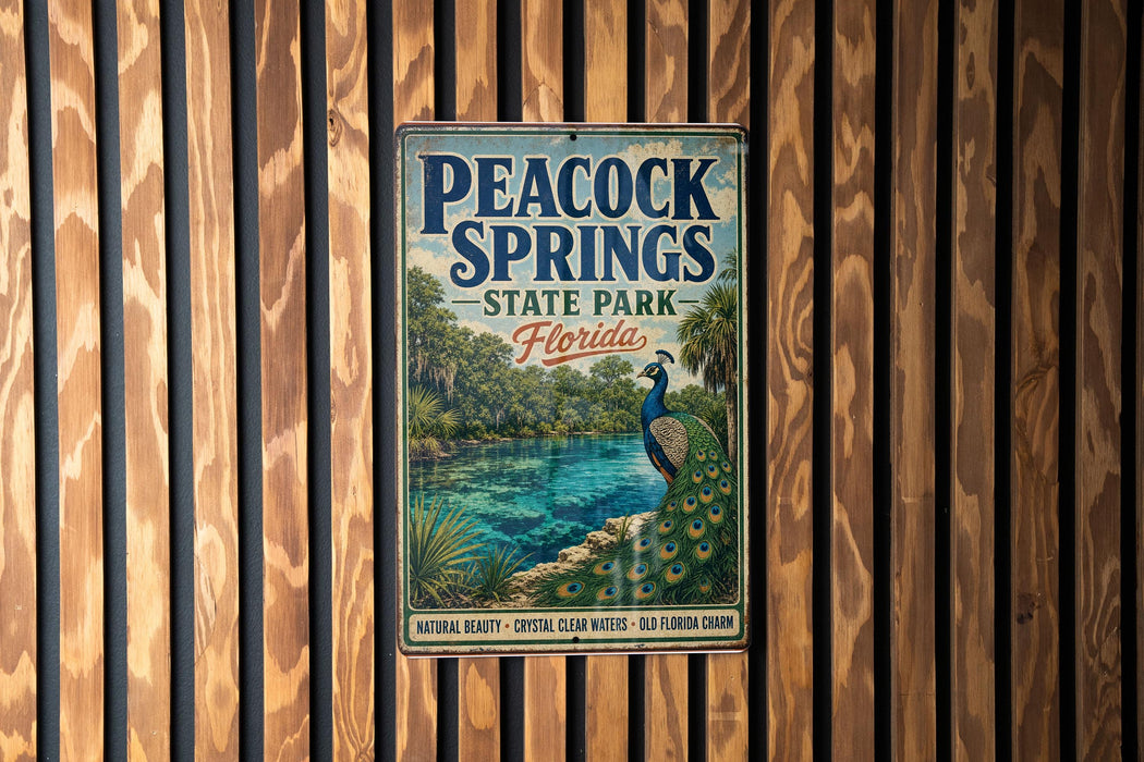 A vintage-style metal sign for the state park called "Peacock Springs" in Florida, featuring a peacock standing on a rock overlooking a body of water.