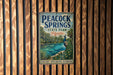 A vintage-style metal sign for the state park called "Peacock Springs" in Florida, featuring a peacock standing on a rock overlooking a body of water.