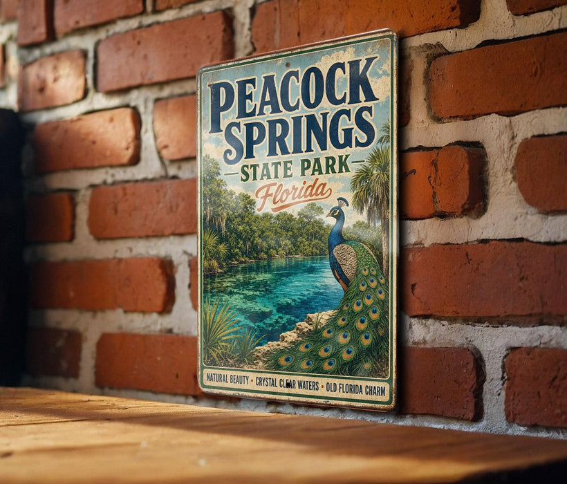 A vintage-style sign for the state park of Florida, featuring a peacock and a scenic landscape.