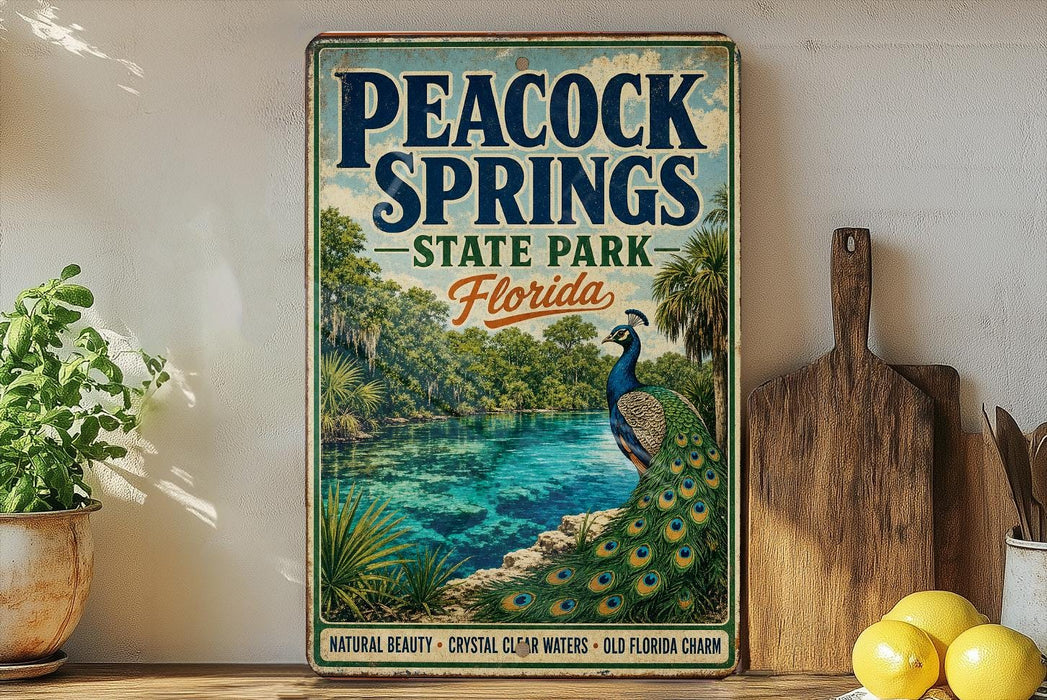 A vintage-style poster advertising the "Peacock Springs State Park, Florida" featuring a peacock standing on a rock overlooking a body of water.