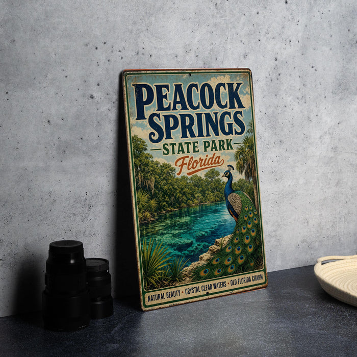 A vintage metal sign for the state park of Florida, featuring a peacock and a scenic landscape.