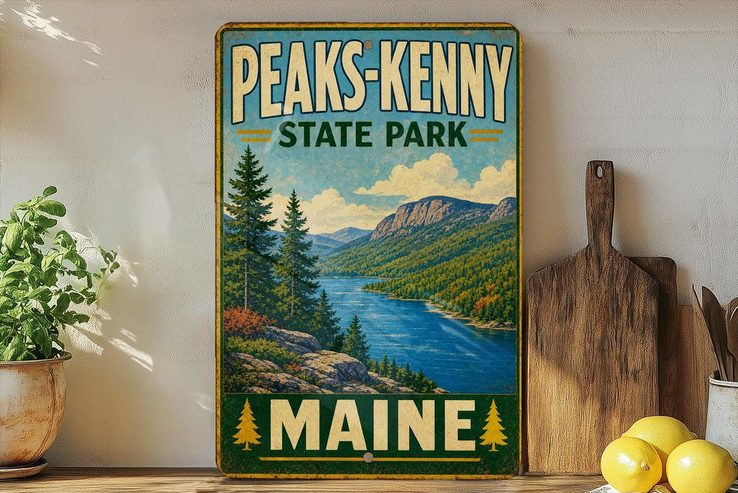 A vintage-style sign for Peaks- Kenny State Park in Maine, featuring a scenic landscape with mountains, pine trees, and a lake.