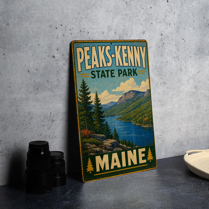 A vintage-style metal sign for Peaks- Kenny State Park in Maine, featuring a scenic landscape with pine trees, mountains, and a lake.