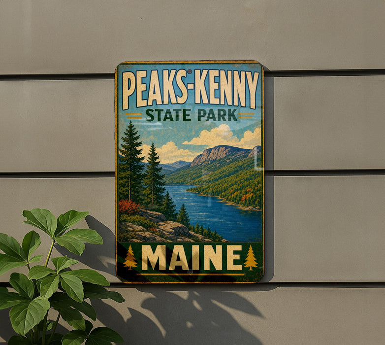 A vintage-style sign for Peaks- Kenny State Park in Maine, featuring a scenic landscape with mountains, pine trees, and a lake.