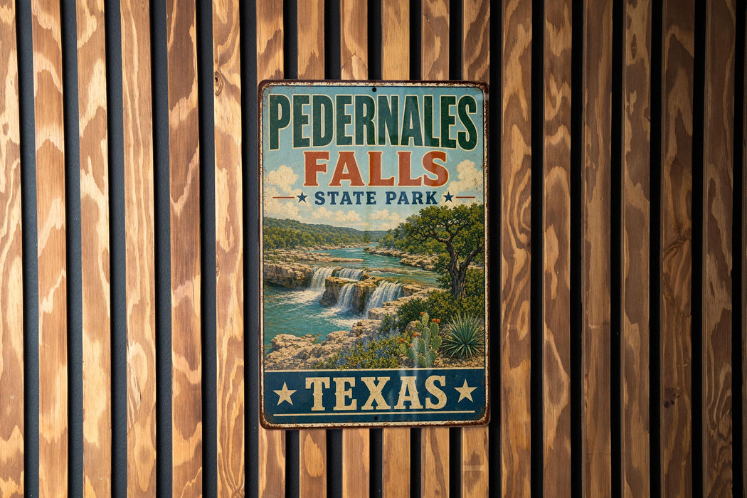 A vintage-style metal sign for Pedernales Falls State Park in Texas, featuring a scenic image of the waterfall surrounded by lush greenery.
