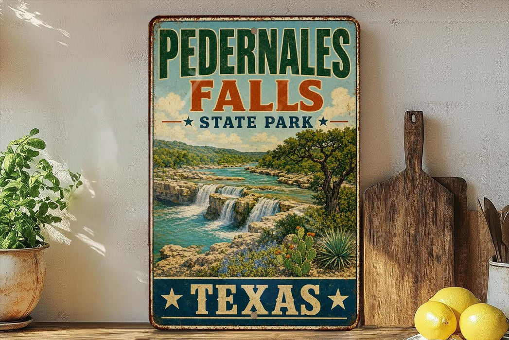 A vintage-style sign for Pedernales Falls State Park in Texas, featuring a scenic image of the waterfall surrounded by lush greenery and desert plants.