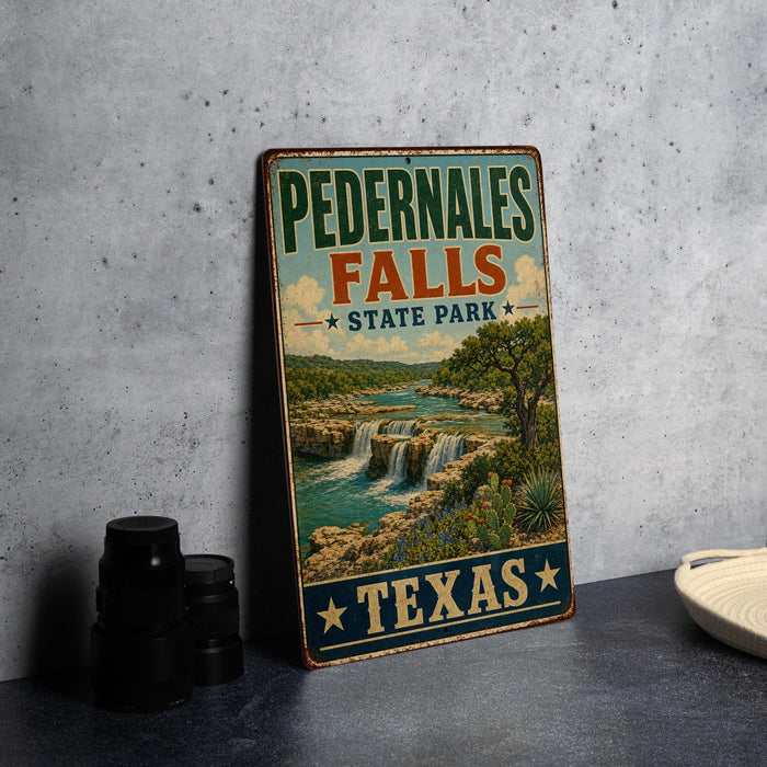 A vintage-style sign for Pedernales Falls State Park in Texas, featuring a scenic landscape with waterfalls and lush vegetation.