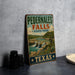 A vintage-style sign for Pedernales Falls State Park in Texas, featuring a scenic landscape with waterfalls and lush vegetation.