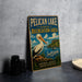A vintage-style metal sign for Pelican Lake State Recreation Area in South Dakota, featuring an illustration of a pelican and a scenic landscape.