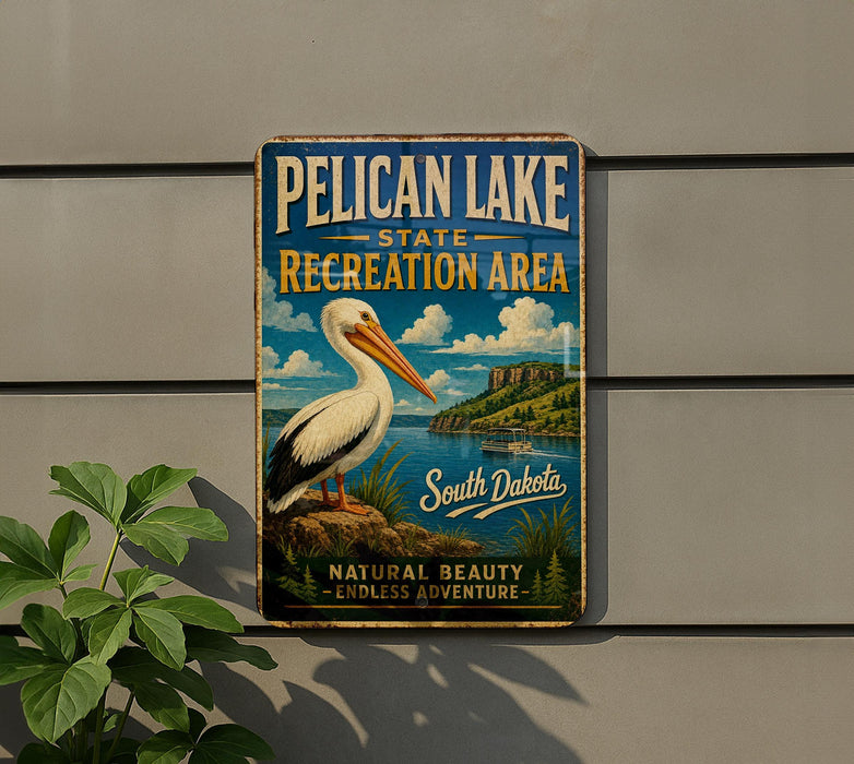 A vintage-style metal sign for Pelican Lake State Recreation Area in South Dakota, featuring a white pelican and a scenic landscape.