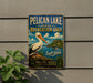 A vintage-style metal sign for Pelican Lake State Recreation Area in South Dakota, featuring a white pelican and a scenic landscape.