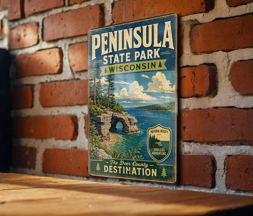 A vintage-style metal sign for Peninsula State Park in Wisconsin, featuring a scenic landscape with a lake, mountains, and a bridge.