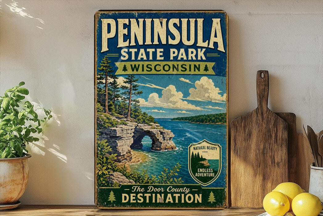 A vintage-style poster for Peninsula State Park in Wisconsin, featuring a scenic landscape with a lake, mountains, and a cave.