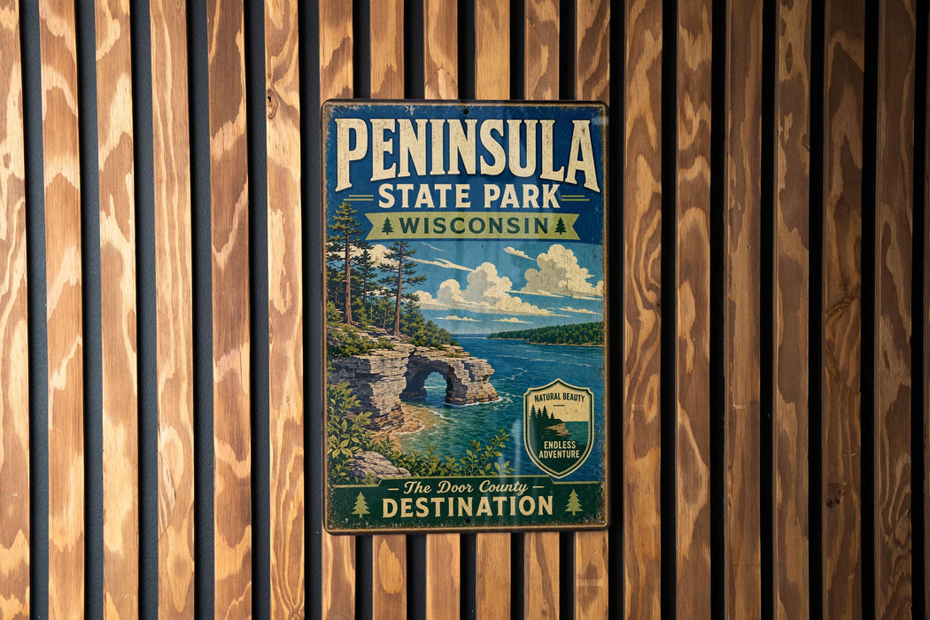 A vintage-style sign for Peninsula State Park in Wisconsin, featuring a scenic landscape with a lake, mountains, and a bridge.