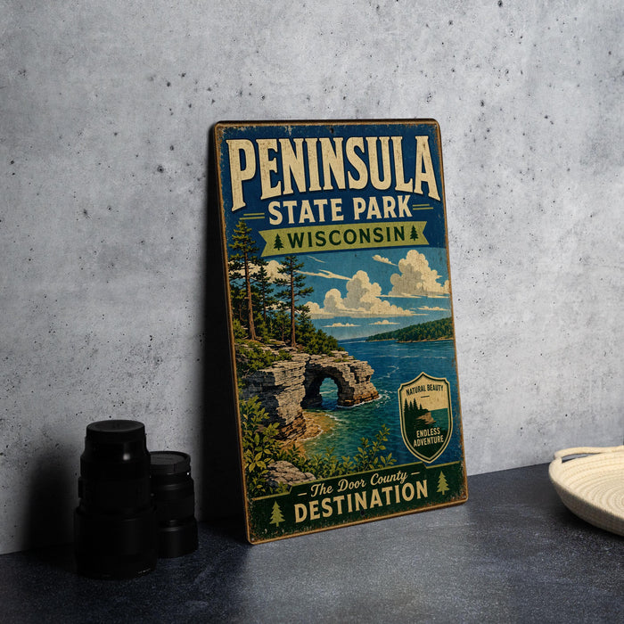 A vintage-style sign for Peninsula State Park in Wisconsin, featuring a scenic landscape with a lake, mountains, and a cave.