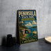 A vintage-style sign for Peninsula State Park in Wisconsin, featuring a scenic landscape with a lake, mountains, and a cave.