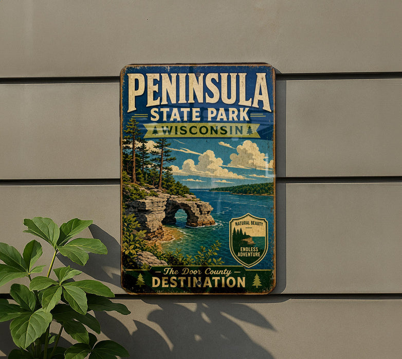 A vintage-style metal sign for Peninsula State Park in Wisconsin, featuring a scenic landscape with a lake, mountains, and a cave.