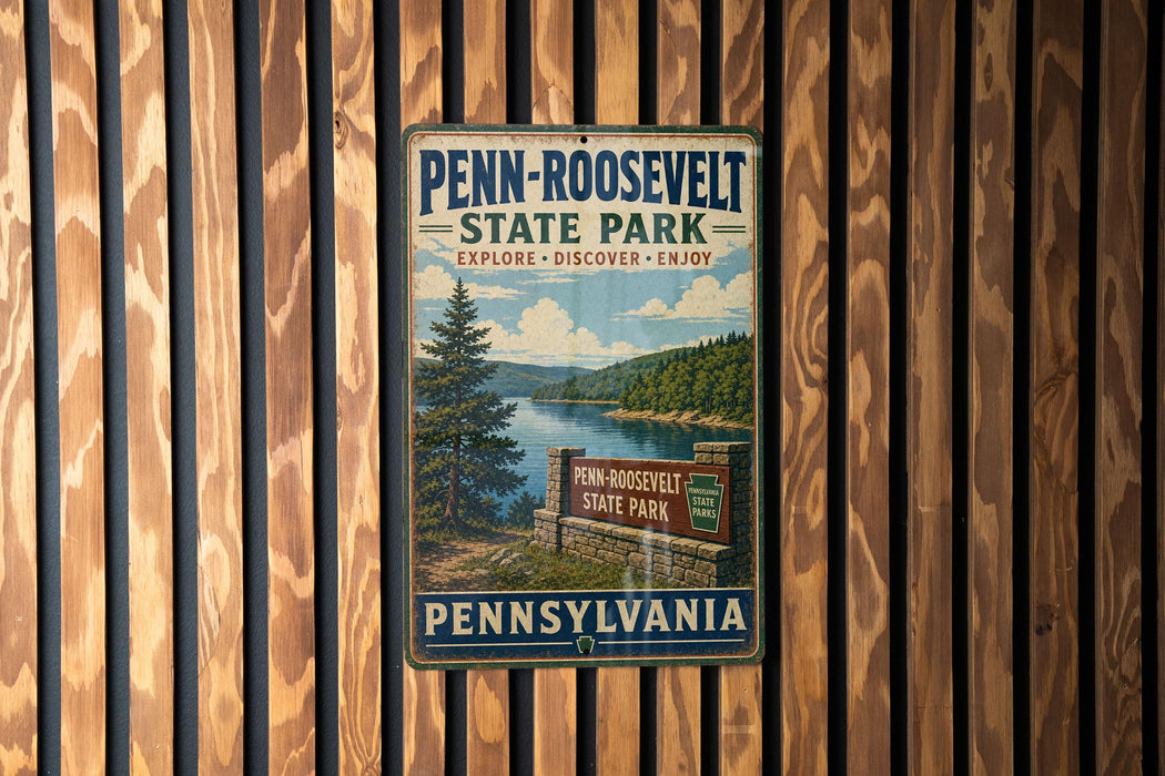 A vintage Penn-Roosevelt State Park sign is displayed on a wooden wall, inviting visitors to explore and enjoy the park.