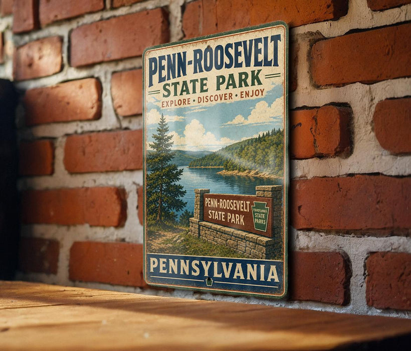 A vintage-style sign for Penn-Roosevelt State Park, featuring a scenic landscape with a lake and mountains, mounted on a brick wall.