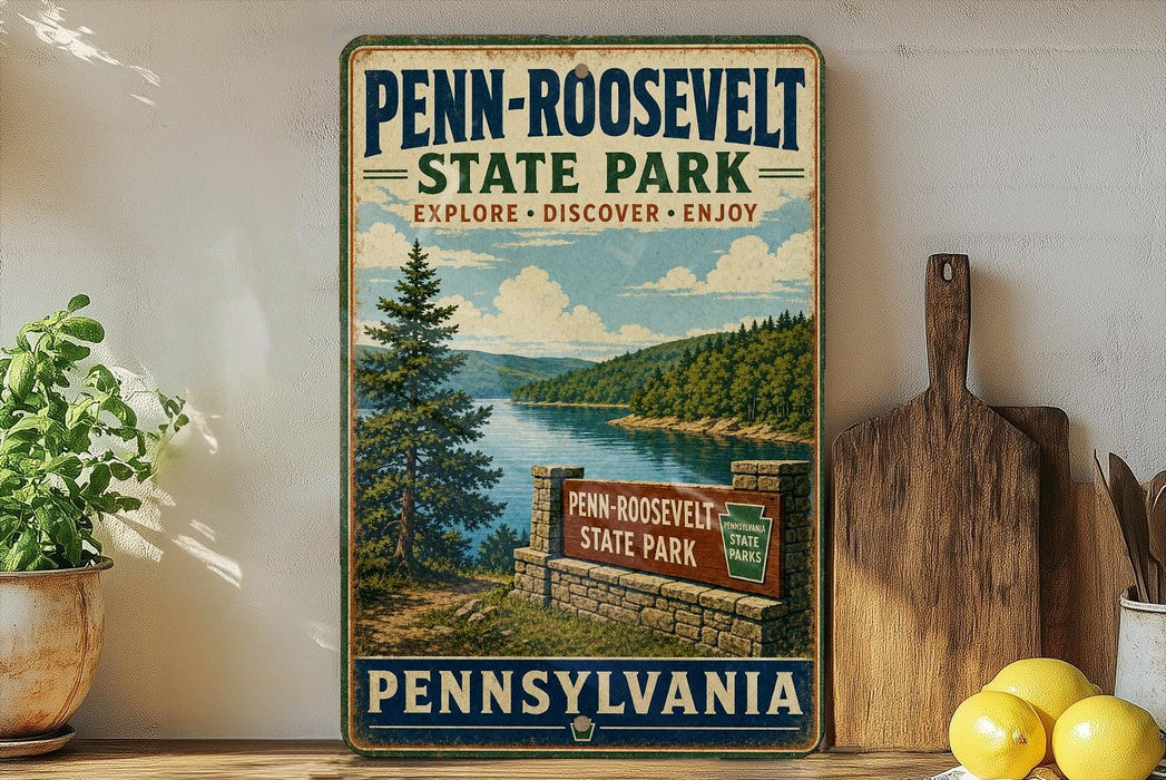A vintage-style metal sign for Penn-Roosevelt State Park in Pennsylvania, featuring a scenic landscape with a lake and mountains.