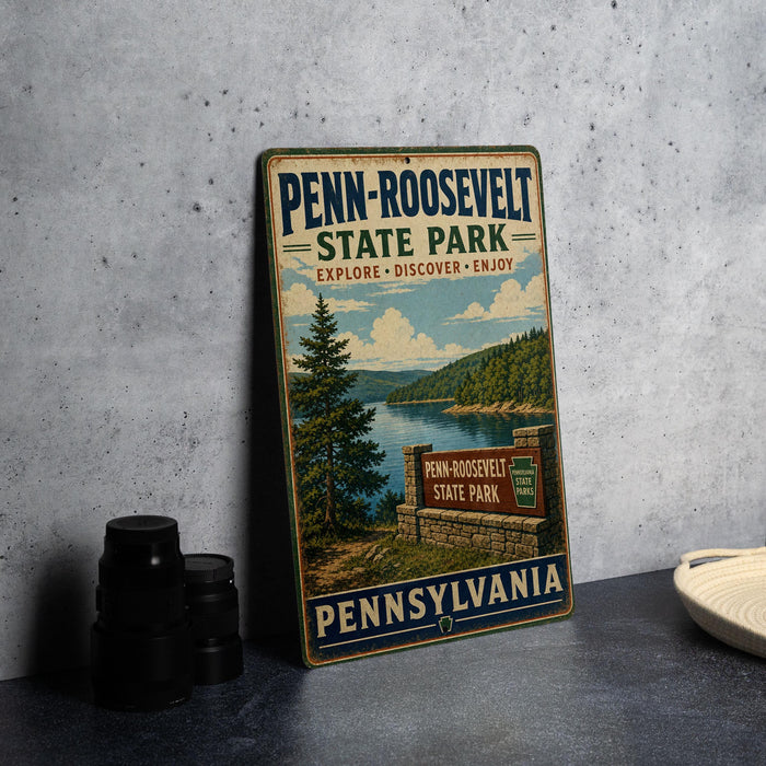A vintage Penn-Roosevelt State Park sign is displayed on a gray countertop, with a stack of black camera lenses and a white dish visible to the side.