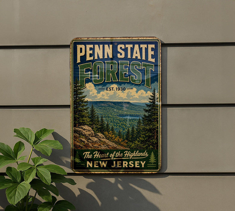 A vintage metal sign for Penn State Forest, featuring a scenic mountain landscape with pine trees and a lake.