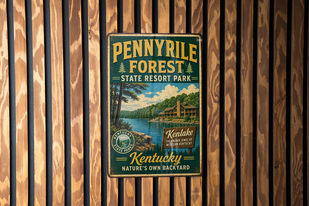 A vintage-style metal sign for the Pennyville Forest State Resort Park in Kentucky, featuring a scenic image of the park and a cabin.