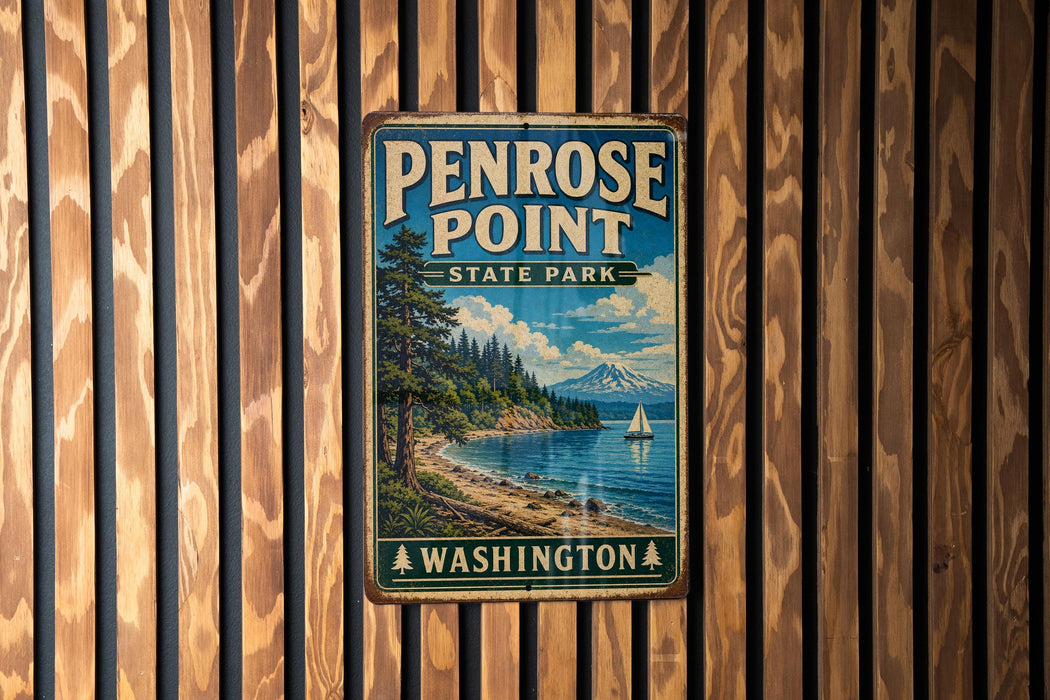 A vintage metal sign for Penrose Point State Park in Washington, featuring a scenic landscape with a mountain, trees, and a lake.